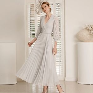 Vintage Gümüş Gelin Elbisesi 2024 V Boyun Pleat 3/4 Kollu Şifon Ayak Bileği Uzunluk Düğün Konuk Partisi Robe De Soiree Artı Boyut