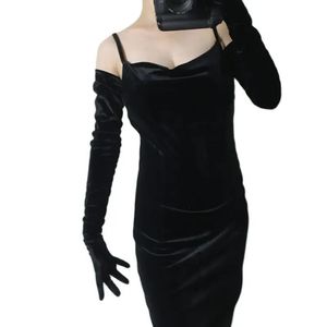 Бархатные перчатки 70 см, длинные, черные, женские, эластичные, велюровые, с лебедем, золотистые, с сенсорным экраном, женские вечерние WSR26 231220