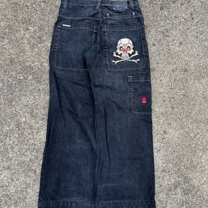 Jnco kafatası işlemeli retro şık kot erkekler y2k harajuku hip hop desen baskılı gevşek kot pantolon yüksek bel düz geniş bacak pantolon 231220