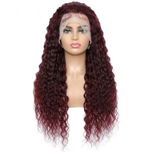 Peruvian Human Hair 13*4 Lace Front Wig 99j Water Wave 130% 150% 180% Density Burgundy Color 10-32inch Free Part