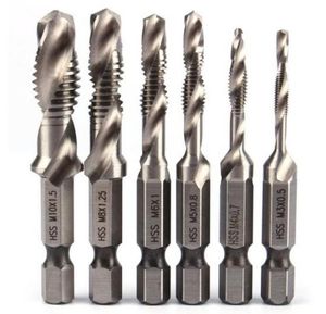 Satış 6PSC HSS Yüksek Hızlı Çelik Matkap Bitleri Set 14quot Hex Shank Metrik Vidalı İplik Tap Taper Matkap Bit M3 M4 M5 M69320763