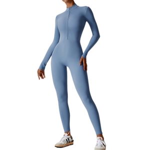 European and American zipper nude long-sleeved yoga jumpsuit, high-intensity fitness exercise bodysuit
