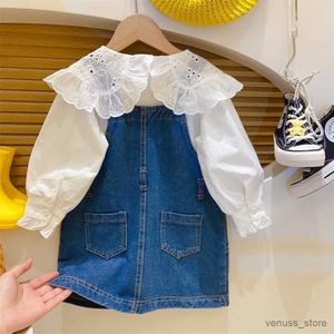 Kızın Elbiseler Bebek Kızın Sırıştırıcıları Elbise Bahar Yeni Çocuk Giysileri Set Moda Dantel Yoklu Gömlek+Kot Strap Dresses Kızlar Kıyafet