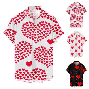 Erkekler Tişörtleri Kalp Aşk Noktaları Baskı Erkekler Gömlek Yaz Kısa Kol Bluz Düğmesi Beyaz Sevgililer Günü Kıyafetleri Partisi Sosyal Elbise