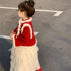 Giyim Setleri Çocuklar 2023 Winter Girl's Chinese Style Suit Kırmızı Düğmesi Yukarı Patchwork Yelek Elbisesi