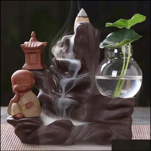 Ceramic Backflow Incense Burner Holder - Little Monk Small Buddha Waterfall Sandalwood Censer Creative Home Decor with 10 Cones