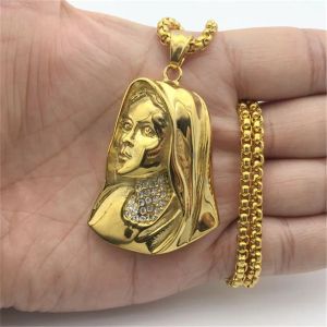 Dini 14K Sarı Altın Bakire Mary Kolye Kolyeleri Kadın Mücevher Hıristiyan Altın Renk Buzlu Madonna Kolye