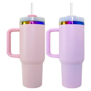 Rainbow vacuum insulated double walled powder coated pink purple plated H2.0 40oz quencher tumbler with lid and straw for Valentine's Day and Mother's Day