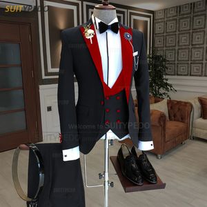 Siyah Erkek Takım İnce Fit Moda Kırmızı Kadife Çamaşları Blazer Yelek Pantolon 3 Parça Tailormade Homecoming Business Düğün Erkek Smokin 231221