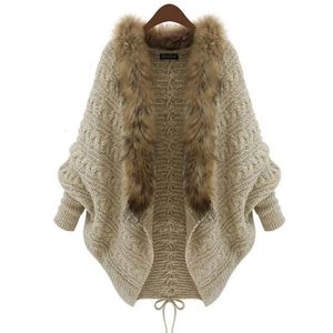 Kadınlar hırka kazak kalın panço pelerinler sonbahar kış femme örme yarasa kolu kürk yünü örme uzun 231221