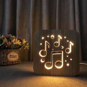 Müzik Notu Şekil 3D Ahşap Lamba Hollowedout LED Gece Işık Sıcak Beyaz Masa Lambası USB Güç Kaynağı Arkadaşları Gift345G