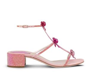 Vestido de casamento rosa brilhante Mulheres de sandália de salto Caterina sandália embelezada de cristal com cadarços de tornozelo de salto baixo Sapatos de strass tira de borboleta Tamanho 35-43EU Caixa