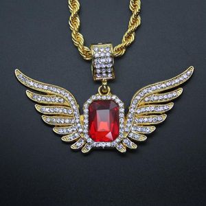 Hip Hop Angel Wings Big Red Ruby Kolye Kolye Erkekler için Kadınlar Buzlu Mücevherler238W