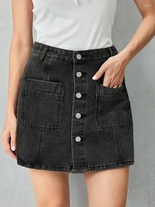 Skirts Women's Solid Color Mini Denim Pencil Vintage High Waist Front Pocket Button Down Jean Skorts Streetwear
