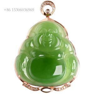 Natural Hotan Jade Jasper Buddha Kolye Altın Kakma Moda Aksesuarları Değerlendirme Sertifikası D463
