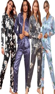 Sonbahar Kış Kışları İpek Saten Pijamalar Set Bayanlar Uzun Kollu Üst Gömlek Pantolon Dipler Pijama Ev Giysimi Sijim PJ S 2111189558131