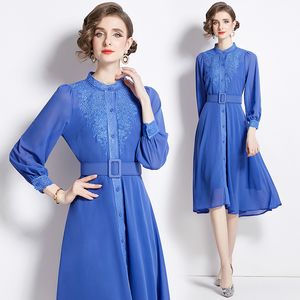 Ricamo vintage blu casual in chiffon abito a maniche lunghe designer finto collo sottile slim fit party midi dresess 2024 primavera autunno sfera in passerella da ballo in pista da ballo