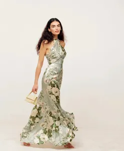 Günlük Elbiseler Mizaç Asılı Boyun Elbise 2023 Yaz Çin Ulusal Tarzı Çiçek Baskı Sırtsız Uzun Kadınlar