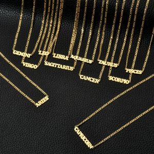 12 constelações do zodíaco 14k ouro amarelo pingentes colares para mulheres homens cor dourada figaro corrente carta moda jóias presentes de aniversário