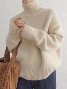 Suéteres femininos Moda Coreia Sweater de caxemira de lã pura Pullover de lapela alta outono de inverno casual topo de malha grossa solta