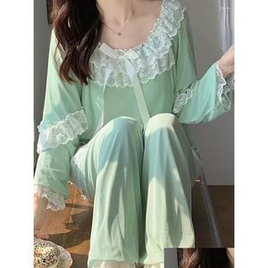 Kadın Sweetwear Kadın Peri Ruffles Pijama Loungewear İki Parçalı Pantolon Lolita Vintage Prenses Modal Dantel Victorian Nightgowns Dr Otaow