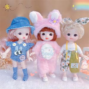 Mini bebek 16cm 13 hareketli eklemler sevimli gülümseyen yüz şekli ve tavşan kulakları giyim seti bjd bebek 17cm oyuncak çocuklar için en iyi hediye 231225