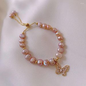 Strand Minar Fantasy Pink Color Real Freshwater Bearl Beadered Bracelet для женщин Brass Gold Cz Blown Butterfly Bracelets