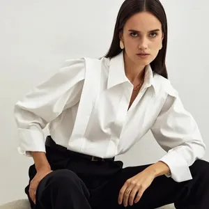 Kadın bluzları eski para tarzı kadınlar zarif uzun kollu patchwork dönüş aşağı yakalı beyaz gömlek gündelik ofis bayan vintage bluz