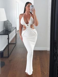 Avrilyaan beyaz örgü sırtsız yaz elbisesi kadınlar bodycon maxi uzun seksi elbise zarif gündelik plaj elbiseleri vestidos 231225