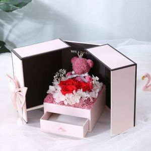 Sevgililer Günü Hediye Kutusu Ambalaj Aşıkları Rose Bear Bear Ebedi Çiçekler Çift Kapı Hediye Kutusu 13cm*13cm*17cm