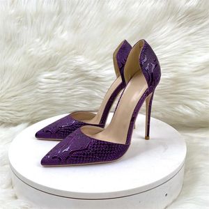 Emed Sandals Crocodile Effect Женщины фиолетовые острые пальцы на высоте на туфлях High High High для вечеринки Сексуальные дамы платье насосы шпильки 109 5