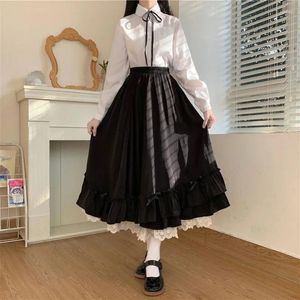 Skirts Black Long Women Japanese Kawaii Preppy Style Lolita Skirt Female French Vintage Double Layer Lace Ruffled Pleated