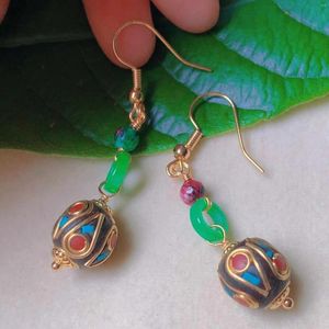 Dangle Küpeler Doğal Malakit Jadeite Nepal Boncuklar Eardrop 18K Altın Cadılar Bayramı Anneler Günü Tatil Hediyeleri Klasik Aptallar