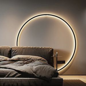 Minimalistische LED-Kreis-Hintergrund-Wandleuchte, Heim-/Innendekoration, Wandleuchten, Wohnzimmer, Flur, Hotel, Wandleuchten, Nachttischleuchte, Schwarz