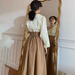 Koyu kahverengi vintage maxi etek kadınlar harajuku cep dantel up uzun etekler yaz sonbahar kıyafetleri Korean moda y2k stil 231225