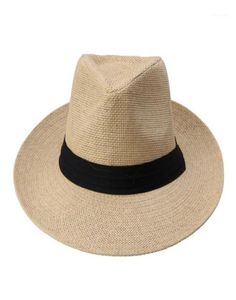Модная летняя повседневная пляжная шляпа-трилби унисекс с большими полями, джазовая шляпа от солнца, панамская шляпа, бумажная соломенная женская и мужская кепка с черной лентой19731277