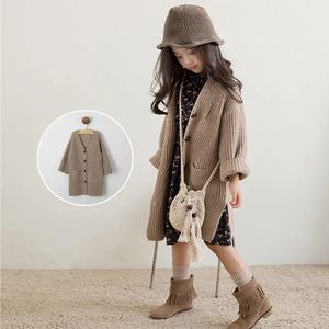 Girls Sweater Cardigan Autumn Clothes Children'S Korean Version Big Children'S Mid-Length Thick Knit Jacket For Teens 231226