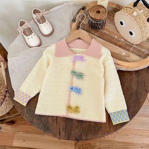 Autumn Winter Kids Baby Girls Sweaters Cotton Knitted Knotbow Turndown Collar Toddler Girls Coat Children Girls Cardigan 231226