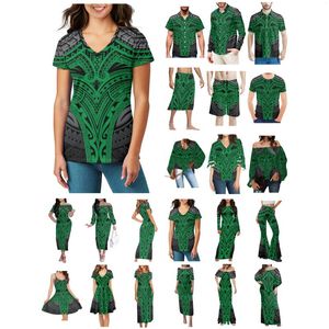 Camisas casuais masculinas Polinésia Tonga Havaí Fiji Guam Samoa Pohnpei Tatuagem tribal imprime roupas mulheres vestido combinando homens camisa verde amante