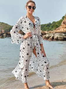 Sıradan Elbiseler 2024 Yaz Seksi Yıldız Deseni V Yiğalı Kendinden Kuşaklı Yüksek Bel Sargı Elbisesi Beyaz Şifon Tunik Kadınlar Plaj Giyim MAXI Q1170
