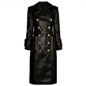 Women's Suits 2023 Autumn Winter Luxury Design Double Breasted Black PU Leather Long Coats For Ladies Fashion Street Women Trench With Belt