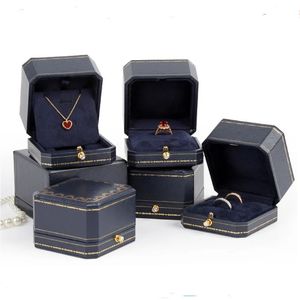 Синие восьмиугольные кожаные бумажные шкатулки для украшений с бриллиантами, футляр для обручального кольца, кулон, браслет, ожерелье, ювелирные изделия, рождественская подарочная коробка 231226