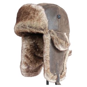 ZDFURS* Winter Bomber Hats Men Warm Russian Ushanka Hat with Ear Flap Pu Leather Fur Trapper Cap Earflap for Women 231227