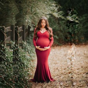 Vestidos de maternidade de renda fotografia adereços sexy split lado maxi vestido para grávidas com decote em v longo vestido de gravidez sessões de fotos 2024 quente