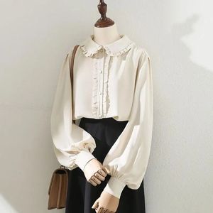 Donne Blouse Elegant Lolita Cute Ruffles Shirt Top a maniche lunghe vintage Peter Pan Collar Female Primavera Estate Abbigliamento 231227