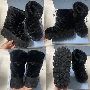 Shearling Apres Kayak patikleri Siyah 1U032N EMAMELİ METAL Üçgen Logo Kayak Botları Kalın Genişletilmiş Kauçuk Taban Konforu Snowfiel Kış Botları Kadın Tasarımcı Çizimleri