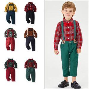 2pc Baby Boy Formal Futfit Plaid Рождественский джентльменский платье с длинным рукавом осень зеленые брюки на день рождения костюмы для вечеринки на день рождения 231227