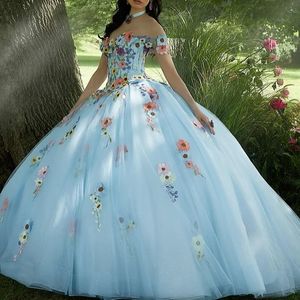 Sky Mavi Quinceanera Off Omuz Ortaçağ Prom Elbise Aplike Dantel Tull Up Bestido De 15 Anos Robe Ball