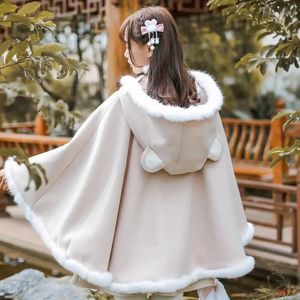 2023 outono inverno feminino doce lolita manto bonito urso orelha com capuz outwear roupas kawaii fivela chinesa botão acima do pescoço mantos 231226