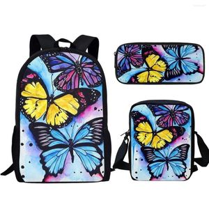 Okul çantaları sanatsal suluboya kelebek desen moda sırt çantası sıradan kız çanta set çocuklar genç kitap çocuklar seyahat sırt çantası